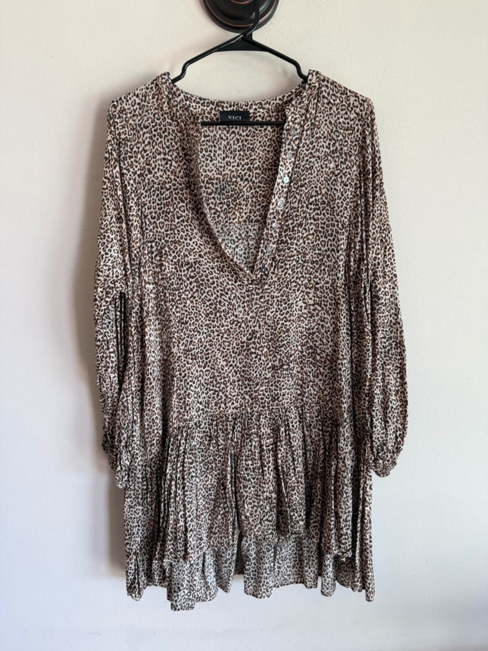 VICI Leopard Print Babydoll Mini Dress Brown Tan‎ Long Sleeve Small S#25-666LDJ